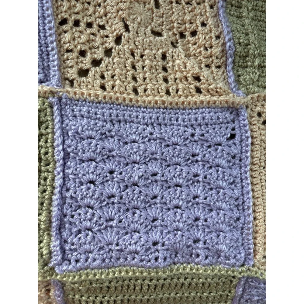 Granny Square Hand Crochet‎ Blanket 60x70 Gorgeous Soft Yarn Pink Lavender Tan